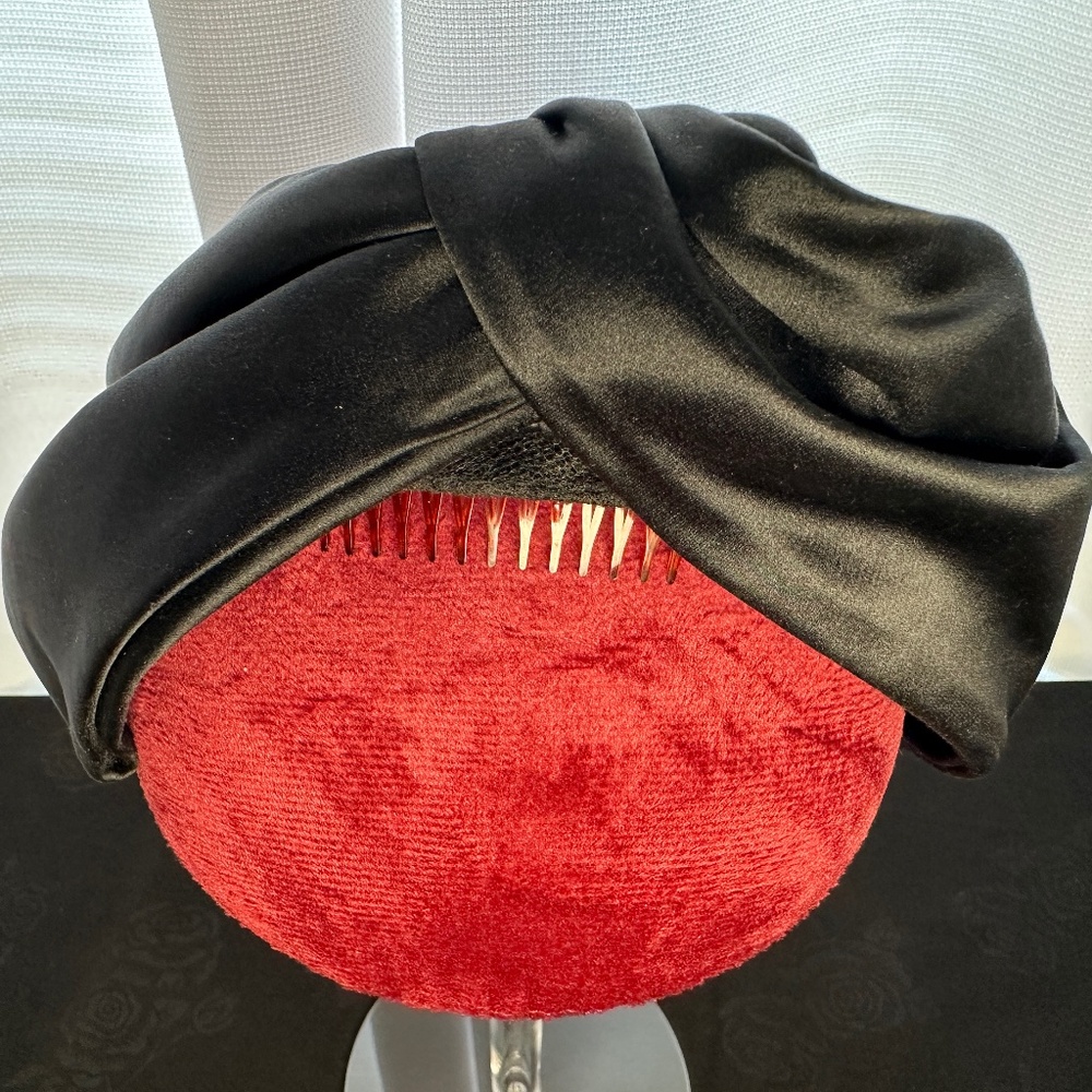 VINTAGE Bergdorf Goodman Black Silk Faux Turban Twist Hair Bow w/ Comb